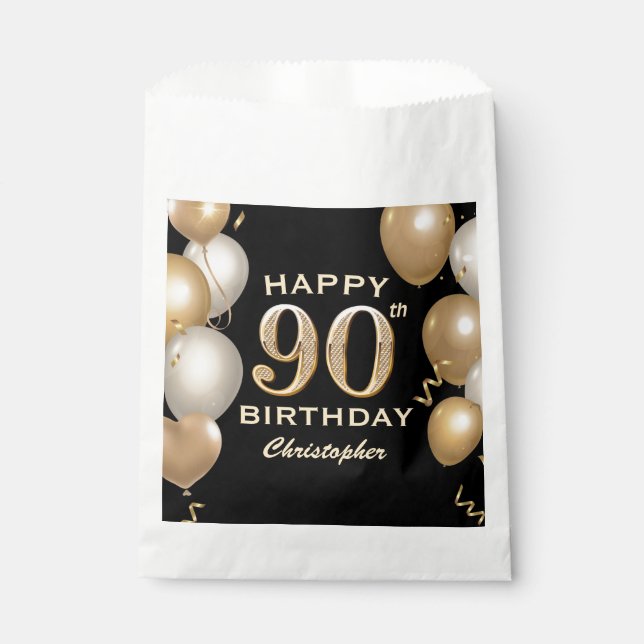 90th Birthday Party Black and Gold Balloons Favour Bag (Front)