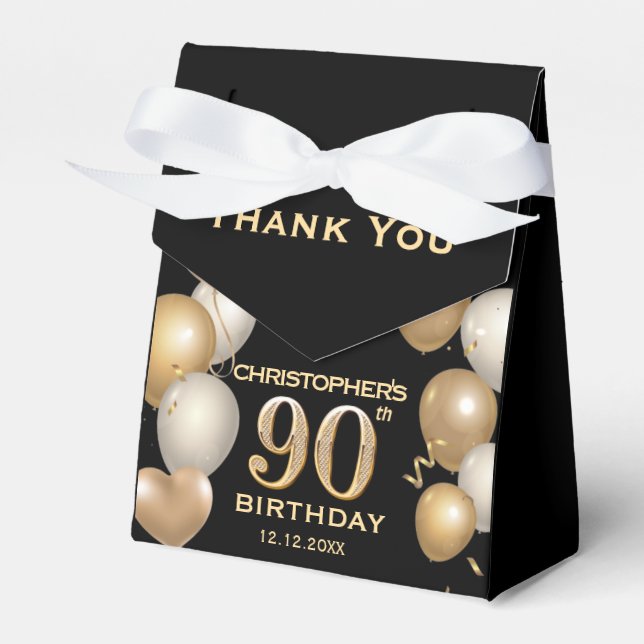 90th Birthday Party Black and Gold Balloons Favour Box (Front Side)