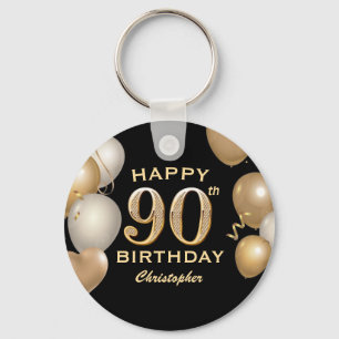 90th Birthday Party Black and Gold Balloons Key Ring