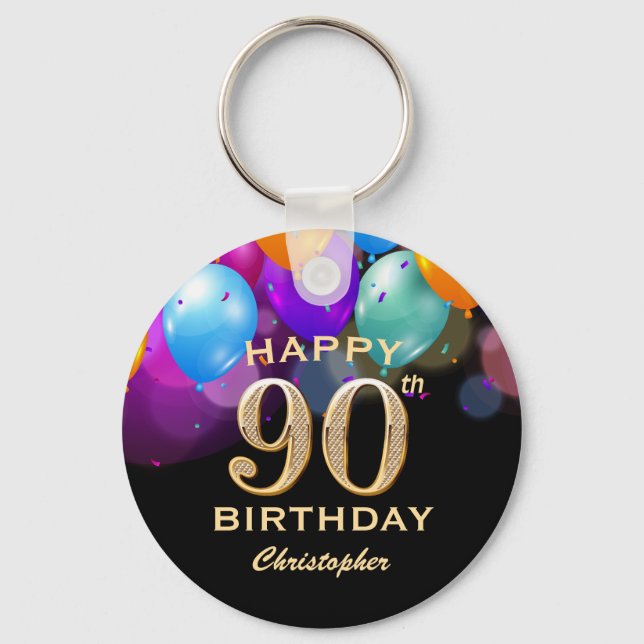 90th Birthday Party Black and Gold Balloons Key Ring (Front)