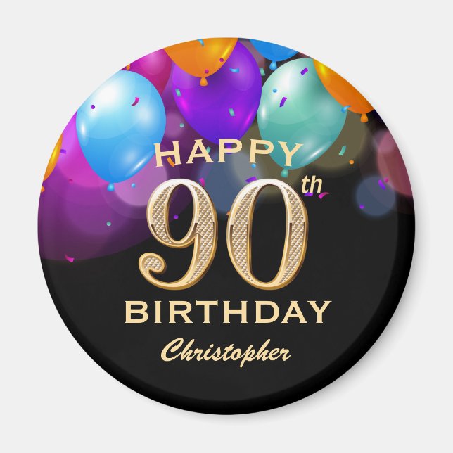 90th Birthday Party Black and Gold Balloons Magnet (Front)