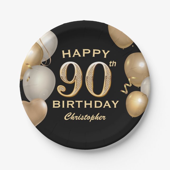 90th Birthday Party Black and Gold Balloons Paper Plate (Front)