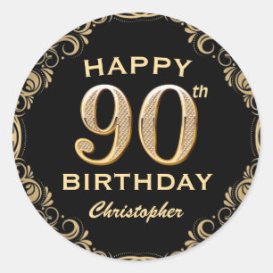 90th Birthday Party Black and Gold Glitter Frame Classic Round Sticker