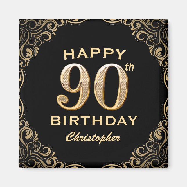 90th Birthday Party Black and Gold Glitter Frame Magnet (Front)