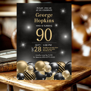 90th Birthday Party Black Gold Balloons Photo Invitation
