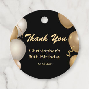 90th Birthday Party Black Gold Balloons Thank You Favour Tags