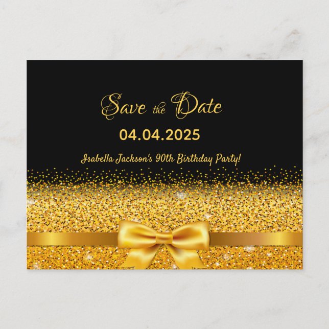 90th birthday party black gold bow save the date postcard (Front)