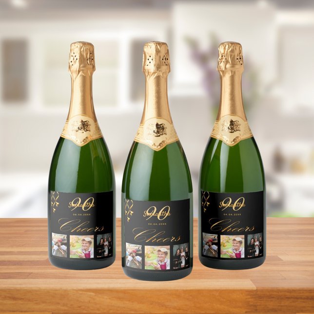 90th birthday party black gold cheers photo script sparkling wine label (Creator Uploaded)