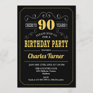 90th Birthday Party - Black Gold White Invitation