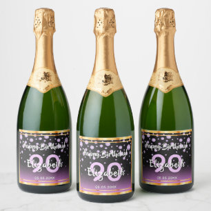 90th birthday party black purple glitter diamonds sparkling wine label