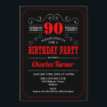 90th Birthday Party - Black Red White Invitation<br><div class="desc">90th Birthday Party Invitation.
Elegant black,  red and white retro design with chalkboard pattern and script font. Cheers to 90 years! Message me if you need further customisation.</div>