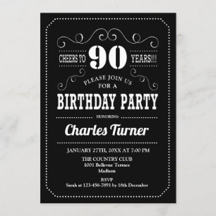 90th Birthday Party - Black White Invitation