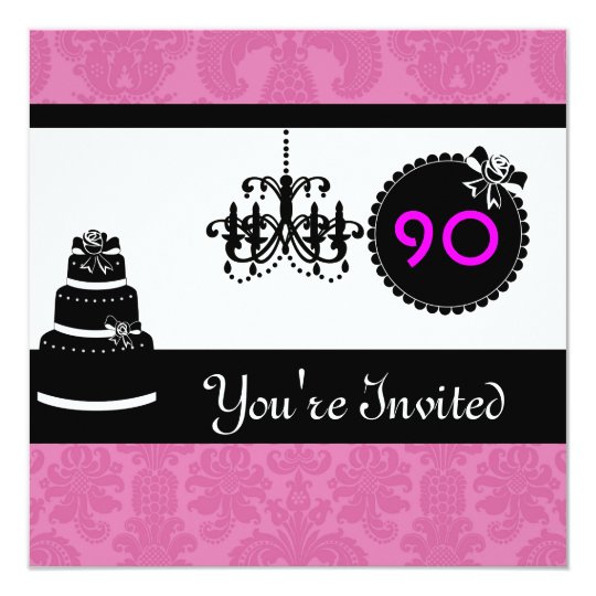 90th Birthday Party Black & White & PINK Damask In Card