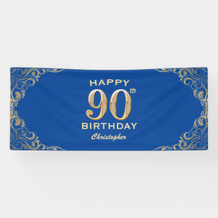 90th Birthday Party Blue and Gold Glitter Frame Banner
