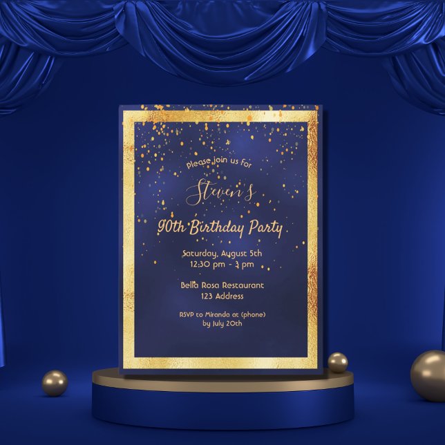 90th birthday party blue gold confetti invitation postcard (Creator Uploaded)
