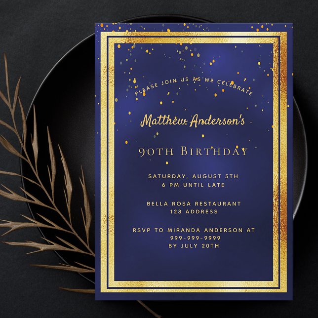 90th birthday party blue gold confetti sprinkle invitation (Creator Uploaded)