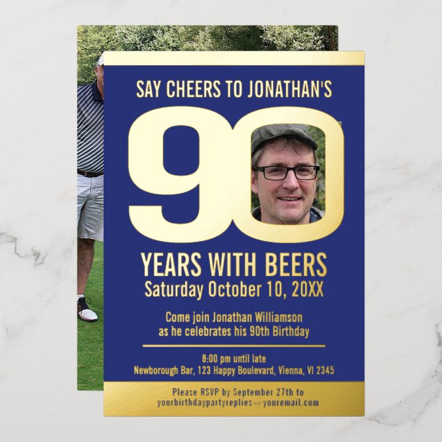 90th Birthday party blue gold foil photo beer (Front/Back)