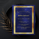 90th birthday party blue gold shiny invitation postcard<br><div class="desc">A trendy,  modern 90th birthday party invitation card for men,  guys,  male.   A dark blue,  navy blue background. The blue colour is uneven.  With a faux gold frame and golden confetti sprinkle,  golden coloured letters. Templates for your party information.
Back: plain postcard design.</div>