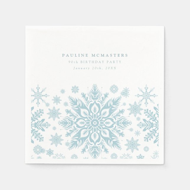 90th Birthday Party Blue White Snowflake Winter Napkin (Front)