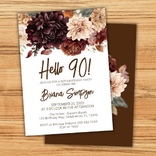 90th Birthday Party Brown Beige Flowers Floral Invitation