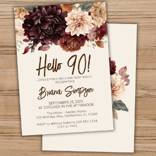 90th Birthday Party Brown Beige Ivory Floral Invitation