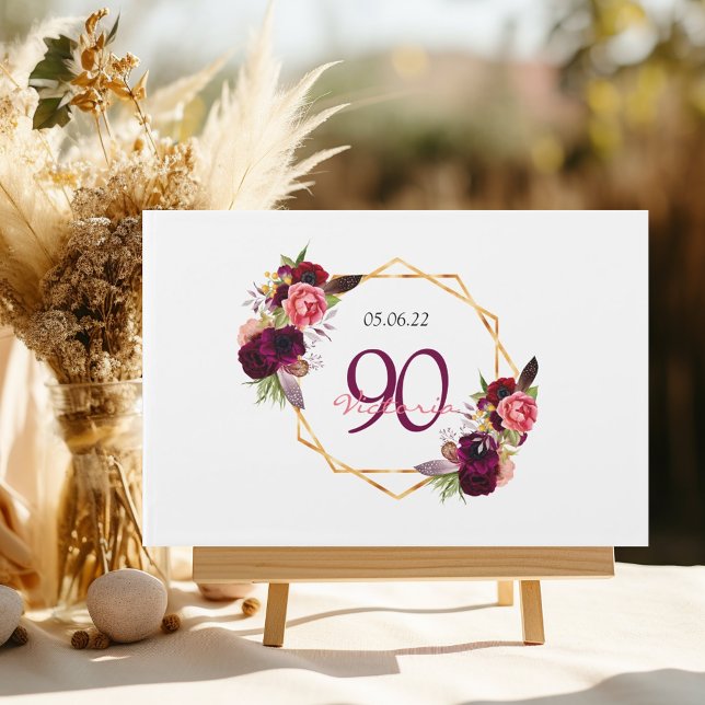 90th birthday party burgundy floral geometric guest book (Creator Uploaded)