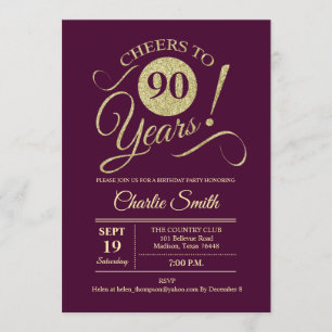 90th Birthday Party - Burgundy Gold Invitation