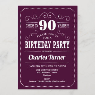 90th Birthday Party - Burgundy White Invitation