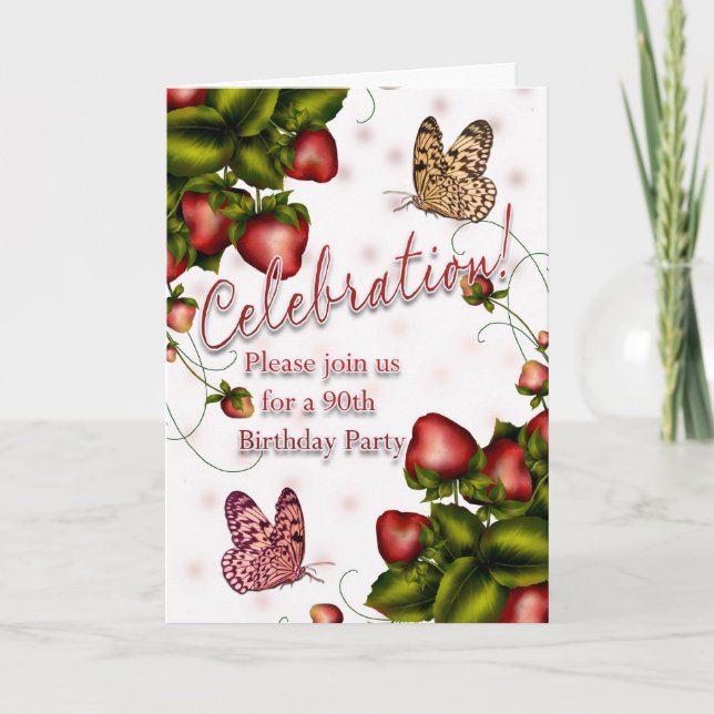 90th Birthday Party - Butterfly And Strawberry Inv Invitation (Front)