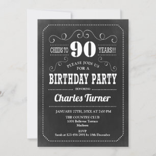 90th Birthday Party - Chalkboard Black White Invitation
