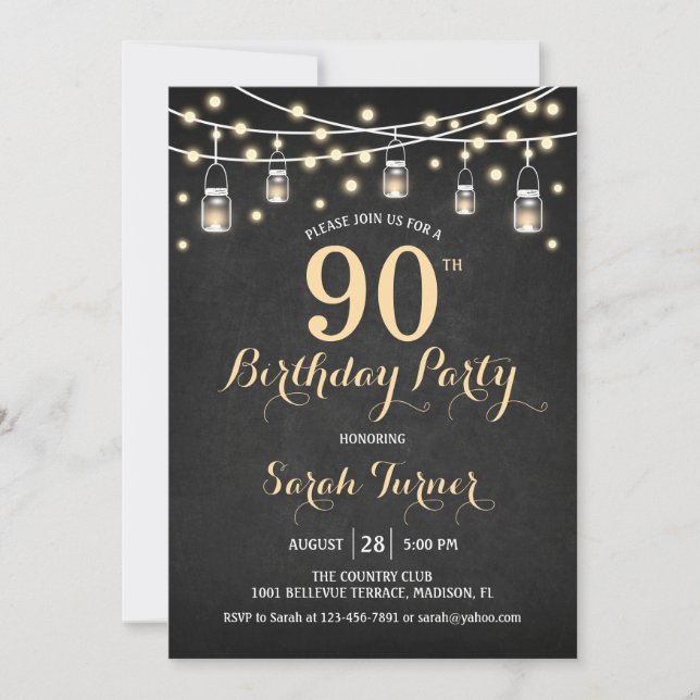 90th Birthday Party - Chalkboard Gold Invitation (Front)
