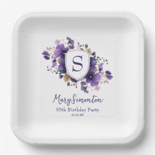 90th Birthday Party Classic Monogram Crest Paper Plate