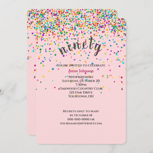 90th Birthday Party confetti Invitation (Front/Back)