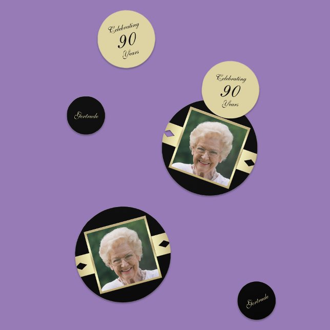 90th Birthday Party confetti with Photo in Black (Creator Uploaded)