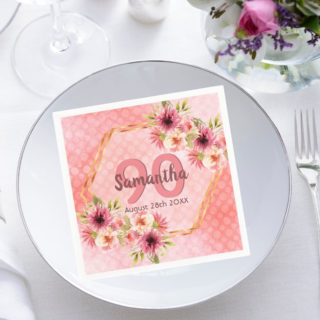 90th birthday party coral gold dahlia flowers napkin (Creator Uploaded)