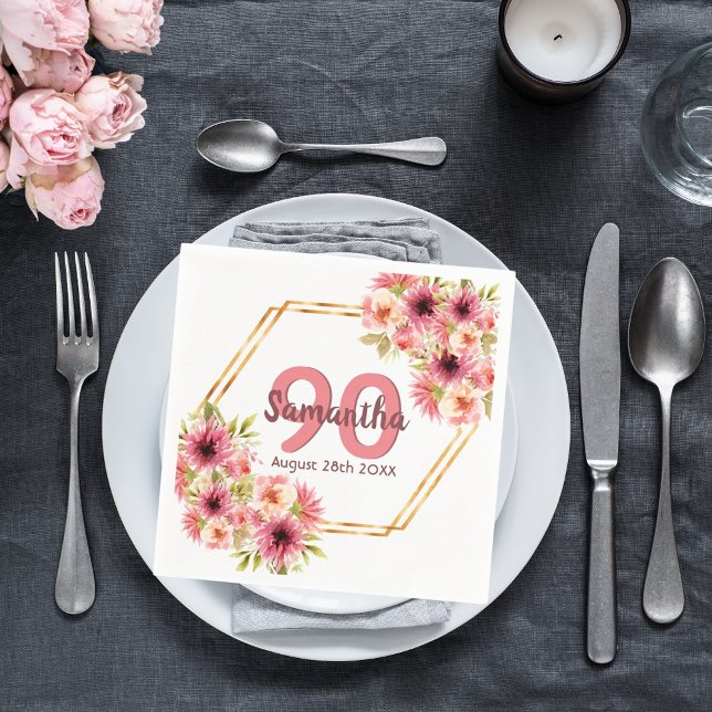 90th birthday party coral pink flowers geometric napkin (Creator Uploaded)