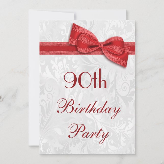 90th Birthday Party Damask and Faux Bow Invitation (Front)