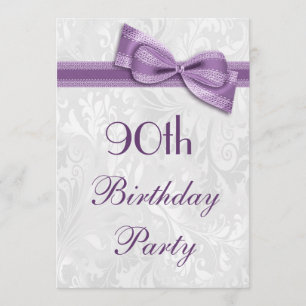 90th Birthday Party Damask and Faux Bow Invitation