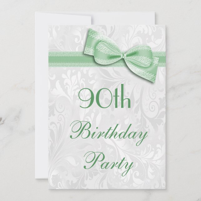 90th Birthday Party Damask and Faux Bow Invitation (Front)