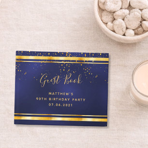 90th Birthday Party dark blue gold confetti Guest Book