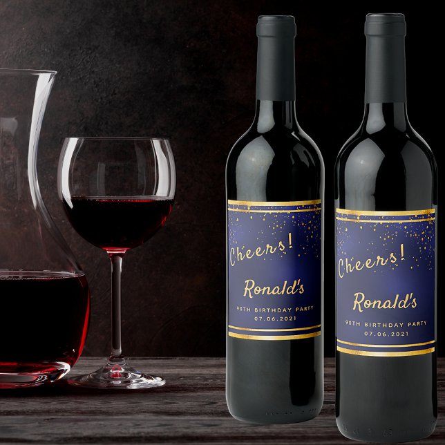 90th Birthday party dark navy blue gold cheers Wine Label (Creator Uploaded)
