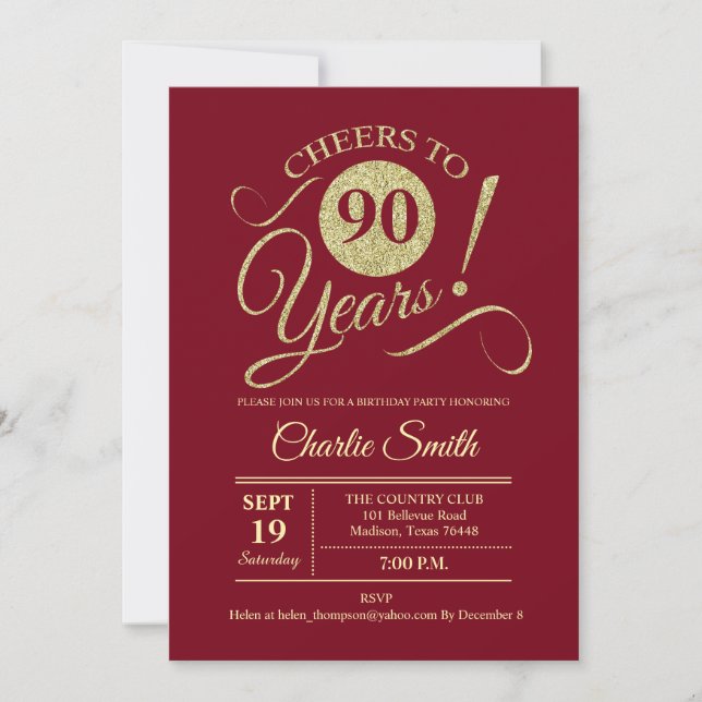 90th Birthday Party - Dark Red Gold Invitation (Front)