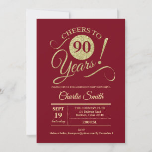 90th Birthday Party - Dark Red Gold Invitation