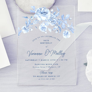 90th Birthday Party Dusty Blue Floral Acrylic Invitations