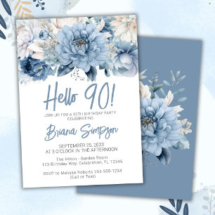 90th Birthday Party Dusty Blue Floral Invitation