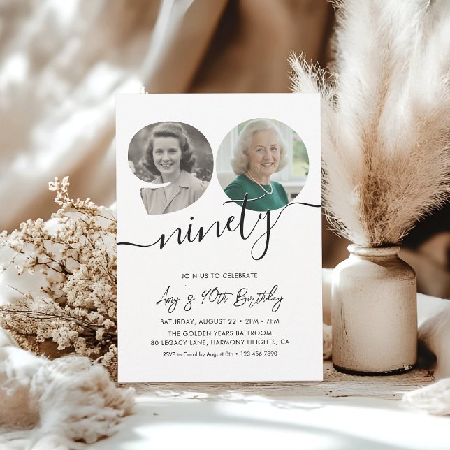 90th Birthday Party Elegant 2 Photo Birthday Invitation (Creator Uploaded)
