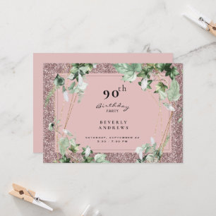 90th Birthday Party Elegant Foliage Pink Glam Invitation