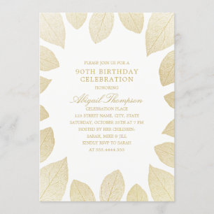 90th Birthday Party Elegant Gold Leaves Invitation