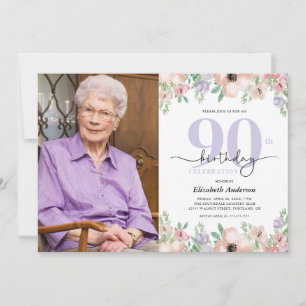 90th Birthday Party Elegant Pastel Floral Photo Invitation