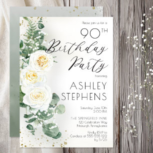 90th Birthday Party Elegant White Rose Eucalyptus  Invitation